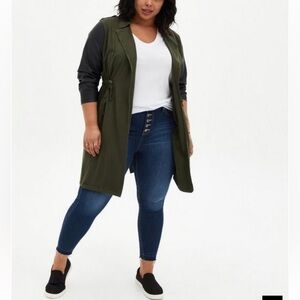 Torrid open cardigan Anorak Coat Olive Green Twill Faux Leather Sleeves office